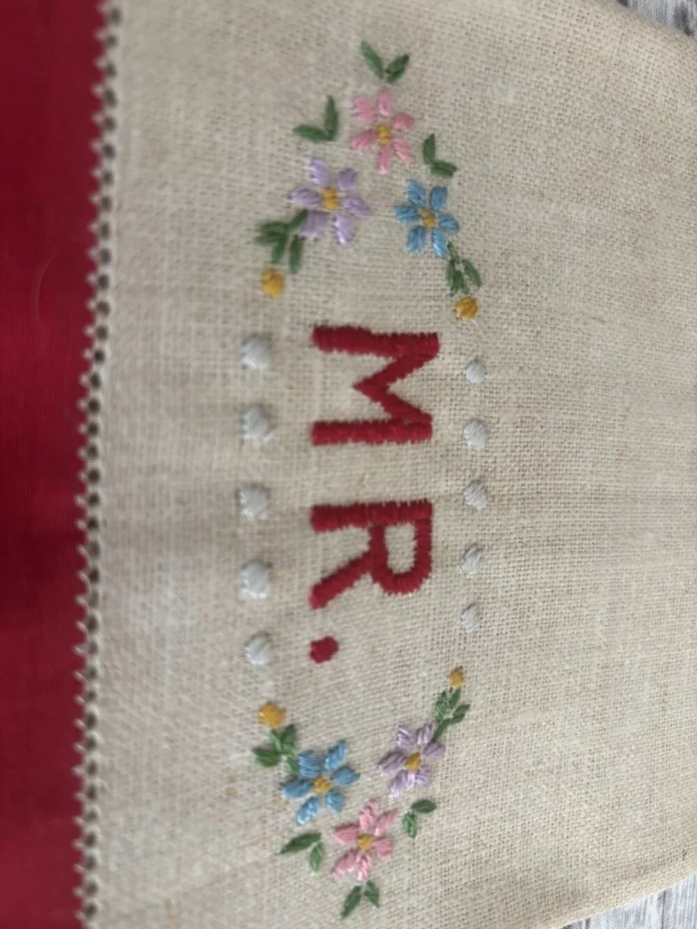 Vintage Hand-Embroidered Red Floral Mrs & Mr Hand Towels 11x18 Linen